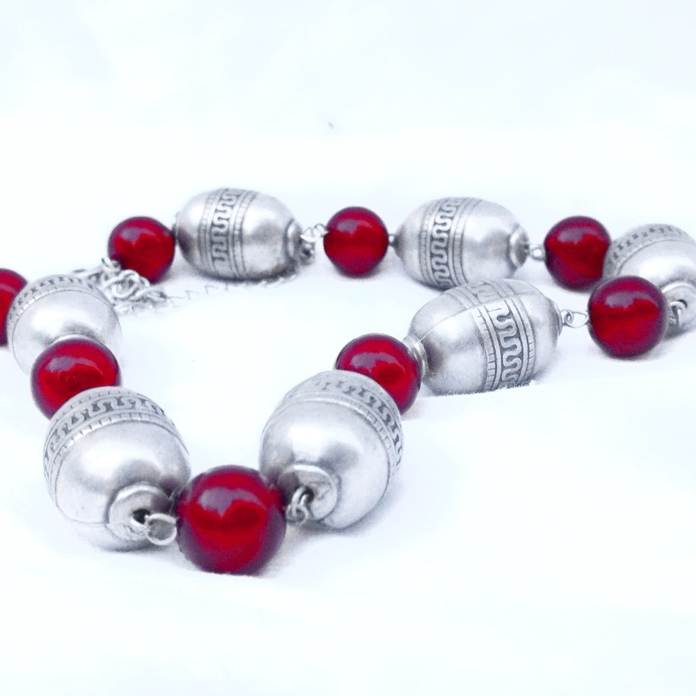 Vintage Silver and Catilan Tribal Bead Necklace - Picture 2 of 6